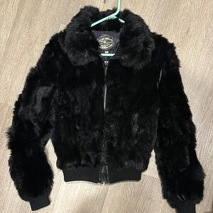Black rabbit faux fur vintage coat jacket y2k 90s